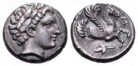 MYSIA. Lampsakos. 4th-3rd century BC. Diobol (Silver, 10.5 mm, 1.24 g, 1 h). Laureate head of Apollo to right. Rev. Λ-Α-Μ Forepart of Pegasos to right...