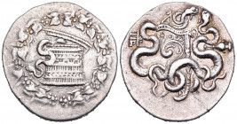 MYSIA. Pergamon. Circa 166-160 BC. Cistophoric Tetradrachm (Silver, 29 mm, 12.67 g, 12 h), c. 166-160. Cista mystica from which snake coils; all withi...