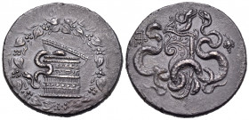MYSIA. Pergamon. Circa 166-67 BC. Cistophoric Tetradrachm (Silver, 26.5 mm, 12.50 g, 12 h), c. 160-150. Cista mystica from which snake coils; all with...