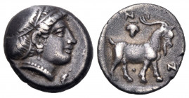 TROAS. Antandros. Late 5th century BC. Trihemiobol (Silver, 12 mm, 1.33 g, 1 h). Head of Artemis Astyrene to right, her hair bound with a double taeni...