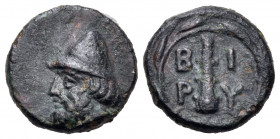 TROAS. Birytis. Circa 350-300 BC. Chalkous (Bronze, 11 mm, 1.07 g, 12 h). Head of a bearded Kabeiros to left, wearing pilos. Rev. B-I/P-Y Club within ...