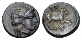TROAS. Gargara. 400-284 BC. Half chalkous (Bronze, 9 mm, 0.60 g, 6 h). Laureate head of Apollo to right. Rev. ΓΑΡ Horse prancing to right; below, grap...