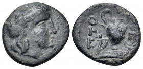 TROAS. Larissa (as Ptolemais). 3rd century BC. (Bronze, 14 mm, 1.54 g, 1 h). Laureate head of Apollo to right. Rev. ΠTOΛE Amphora; to left, double cor...