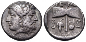 ISLANDS OFF TROAS, Tenedos. late 5th-early 4th century BC. Drachm (Silver, 15.5 mm, 3.47 g, 12 h). Janiform head of Hera, diademed, to left, and Zeus,...