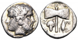 ISLANDS OFF TROAS, Tenedos. Circa 450-387 BC. Drachm (Silver, 15 mm, 3.54 g, 5 h). Janiform head of Hera, diademed, to left and Zeus, laureate, to rig...