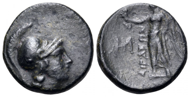 AEOLIS. Aigai. 2nd-1st century BC. (Bronze, 15.5 mm, 2.67 g, 11 h). Helmeted hea...