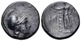 AEOLIS. Aigai. 2nd-1st century BC. (Bronze, 15.5 mm, 2.67 g, 11 h). Helmeted head of Athena to right. Rev. ΑΙΓΑΕΩΝ Nike advancing left, holding wreath...