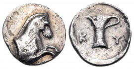 AEOLIS. Kyme. 4th century BC. Obol (Silver, 11 mm, 0.69 g, 8 h). Forepart of a horse to right. Rev. K-Y One-handled cup or jug. SNG Copenhagen -. SNG ...