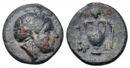AEOLIS. Larissa Phrikonis. 4th century BC. (Bronze, 12 mm, 1.23 g, 12 h). Female head to right, hair bound with sphendone. Rev. Λ-Α/Ρ-Ι Amphora; to le...
