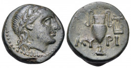 AEOLIS. Myrina. Circa 3rd-2nd century BC. (Bronze, 16 mm, 4.23 g, 12 h). Laureate head of Apollo Gryneios to right. Rev. MY-PI Amphora; in upper right...