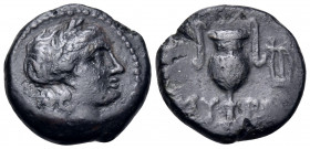 AEOLIS. Myrina. Circa 3rd-2nd century BC. (Bronze, 15 mm, 3.44 g, 12 h). Laureate head of Apollo Gryneios to right. Rev. MY-PI Amphora; in upper right...