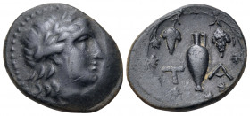 AEOLIS. Temnos. 2nd-1st century BC. Tetrachalkon (Bronze, 19 mm, 4.53 g, 11 h). Laureate head of Apollo to right. Rev. T-A Oenochoe within vine border...
