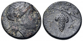 AEOLIS. Temnos. 3rd century BC. Tetrachalkon (Bronze, 17.5 mm, 4.00 g, 1 h). Youthful head of Dionysos to right, wearing ivy wreath. Rev. T-A Grape bu...
