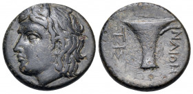 AEOLIS. Tisna. 4th century BC. Tetrachalkon (Bronze, 16 mm, 3.75 g, 5 h). Youthful head of the rivergod Tisnaios to left. Rev. ΤΙΣ-ΝΑΙΟΝ One-handled c...