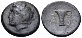 AEOLIS. Tisna. 4th century BC. Tetrachalkon (Bronze, 17.5 mm, 3.64 g, 5 h). Youthful head of the rivergod Tisnaios to left. Rev. ΤΙΣ-ΝΑΙΟΝ One-handled...