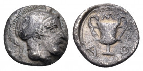 LESBOS. Methymna. Circa 450/40-406/379 BC. Hemiobol (Silver, 8 mm, 0.46 g, 9 h), Samian standard. Head of Athena to right, wearing crested Attic helme...