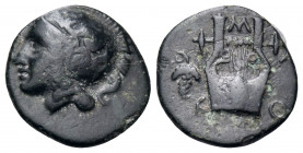 LESBOS. Methymna. Circa 350/30-250/40 BC. (Bronze, 12 mm, 0.99 g, 8 h). Helmeted head of Athena to left. Rev. M-A-Θ-Y Lyre; to left, grape bunch. Fran...