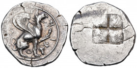 IONIA. Teos. Circa 450-425 BC. Stater (Silver, 25 mm, 14.11 g, 7 h). Τ-Η-Ι-Ο-Ν Griffin with open jaws and his left foreleg raised, seated to right on ...