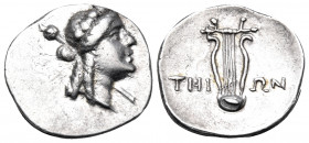 IONIA. Teos. Circa 375-370 BC. Triobol (Silver, 15 mm, 1.86 g, 1 h). Laureate head of Dionysos to right; thyrsos behind. Rev. ΤΗΙ-ΩΝ Lyre. SNG Copenha...