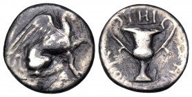 IONIA. Teos. Circa 370-340 BC. Hemidrachm (Silver, 11.5 mm, 1.27 g, 8 h), struck under an uncertain magistrate. Griffin seated to right, his left fore...
