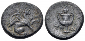 IONIA. Teos. Circa 370-300 BC. Hemiobol or Hexachalkon (Bronze, 18 mm, 4.33 g, 3 h). Griffin seated to right, his left forepaw raised. Rev. ΤΗ-ΙΩΝ Kan...
