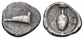 ISLANDS OFF IONIA, Samos. Circa 444/3-440/39 BC. Trihemiobol (Silver, 9 mm, 0.58 g, 6 h). Prow of Samian galley left. Rev. ΣΑ Amphora; to left, olive ...