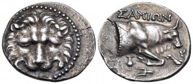 ISLANDS OFF IONIA, Samos. Circa 270-240 BC. Octobol (Silver, 20.5 mm, 4.46 g, 12 h). Lion's scalp facing. Rev. ΣΑΜΙΩΝ Forepart of charging bull to rig...