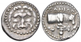 ISLANDS OFF IONIA, Samos. Circa 210-185 BC. Tetrobol (Silver, 17 mm, 2.93 g, 11 h). Facing lion's scalp. Rev. Forepart of bull to right; below, peacoc...