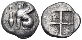 ISLANDS OFF IONIA, Chios. Circa 435-425 BC. Drachm (Silver, 14.5 mm, 3.49 g). Sphinx seated to left on ground line; to left, bunch of grapes over Chia...