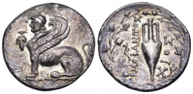 ISLANDS OFF IONIA, Chios. Circa 133-88 BC. Drachm (Silver, 19 mm, 3.80 g, 12 h), struck under the magistrate Hermophantos. Sphinx seated left; in fiel...