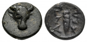 CARIA. Antioch ad Maeandrum. 2nd century BC. (Bronze, 8 mm, 0.67 g, 6 h). Bull's head facing. Rev. ANTIO/XEΩΝ Cicada. BMC -. Karl -. SNG Copenhagen -....