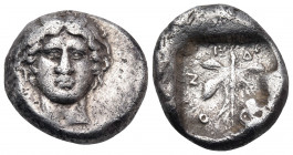 CARIA. Idyma. late 5th century BC. Drachm (Silver, 14 mm, 3.80 g, 10 h). Horned head of Pan facing. Rev. Ι-Δ-ΥΜΙ-Ο-Ν Fig leaf within incuse square. BM...