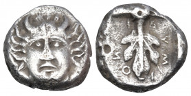 CARIA. Idyma. late 5th century BC. Triobol (Silver, 11.5 mm, 2.09 g, 9 h). Horned head of Pan facing. Rev. Ι-ΔΥΜΙ-ΟΝ Fig leaf within incuse square. Cf...