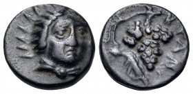 CARIA. Kranaos. Circa 300-280 BC. Chalkous (Bronze, 16.5 mm, 1.49 g, 3 h). Radiate and draped bust of Helios facing slightly to right. Rev. KPAN Grape...