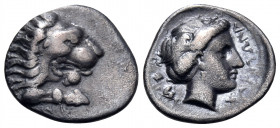 CARIA. Knidos. Circa 380-360 BC. Hemidrachm (Silver, 13.5 mm, 1.57 g, 1 h), struck under the magistrate Charatonas (?). KNI Forepart of lion to right....