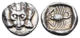 CARIA. Mylasa. Circa 450-400 BC. Hemiobol (Silver, 8 mm, 0.49 g, 9 h). Forepart of a lion facing. Rev. Scorpion to left, within an incuse square. Karl...