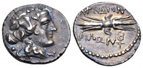CARIA. Myndos. mid 2nd century BC. Hemidrachm (Silver, 15 mm, 2.43 g, 3 h), struck under the magistrate Philon. Wreathed head of youthful Dionysos to ...