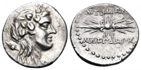 CARIA. Myndos. mid 2nd century BC. Hemidrachm (Silver, 15 mm, 2.29 g, 9 h), struck under the magistrate Metrodoros. Wreathed head of youthful Dionysos...