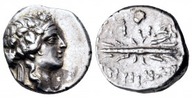 CARIA. Myndos. mid 2nd century BC. Hemidrachm (Silver, 13.5 mm, 2.43 g, 12 h). Wreathed head of youthful Dionysos to right. Rev. ΜΥΝΔΙΩΝ / [...] Winge...