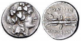 CARIA. Myndos. mid 2nd century BC. Hemidrachm (Silver, 13.5 mm, 2.15 g, 12 h), struck under the magistrate Menophilos. Wreathed head of youthful Diony...