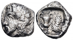 CARIA. Syangela. Early 4th century BC. Drachm (Silver, 16 mm, 3.95 g, 7 h). Head of Dionysos to left, wearing ivy wreath. Rev. ΣYA Kantharos; to right...