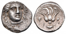 ISLANDS OFF CARIA, Rhodos. Rhodes. Circa 340-316 BC. Hemidrachm (Silver, 12 mm, 1.63 g, 1 h). Head of Helios facing slightly right. Rev. P-O Rose with...