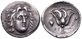 ISLANDS OFF CARIA, Rhodos. Rhodes. Circa 305-275 BC. Didrachm (Silver, 21.5 mm, 6.74 g, 12 h), struck under the magistrate Eu.... Head of Helios facin...