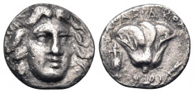 ISLANDS OFF CARIA, Rhodos. Rhodes. Circa 205-190 BC. Hemidrachm (Silver, 11 mm, 0.99 g, 12 h), struck under the magistrate Anaxidikos. Head of Helios ...
