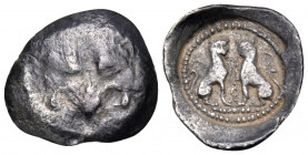 DYNASTS OF LYCIA. Vekhssere II, circa 410-390/80 BC. 1/6 Stater (Silver, 15 mm, 1.15 g, 9 h), Tlos. Facing lion's scalp. Rev. T-Λ Two panthers seated ...