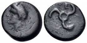 DYNASTS OF LYCIA. Perikles, circa 380-360 BC. Chalkous (Bronze, 13 mm, 2.43 g, 3 h). Horned head of Pan to left. Rev. ΠE-PE-KΛ (in Lycian) Lycian tris...