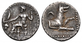 LYCAONIA. Laranda. Circa 324/3 BC. Obol (Silver, 10 mm, 0.66 g, 7 h). Baal seated left, torso facing, holding grain ear and grape bunch in extended ri...