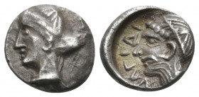 CILICIA. Nagidos. Circa 400-380 BC. Obol (Silver, 9 mm, 0.74 g, 11 h). Head of Aphrodite to left, hair bound in sphendone. Rev. ΝΑΓΙΔΙ Bearded head of...