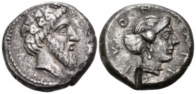 CILICIA. Nagidos. Circa 380 BC. Stater (Silver, 20 mm, 10.16 g, 1 h). Head of Dionysos to right, wearing ivy wreath. Rev. ΝΑΓΙΔΙΚΟΝ Head of Aphrodite ...