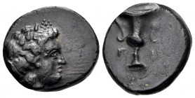 CILICIA. Nagidos. Circa 400-380 BC. (Bronze, 14 mm, 2.75 g, 3 h). Head of Aphrodite to right. Rev. NA / ΓI Kantharos. SNG BN 20. SNG Levante 15. Black...
